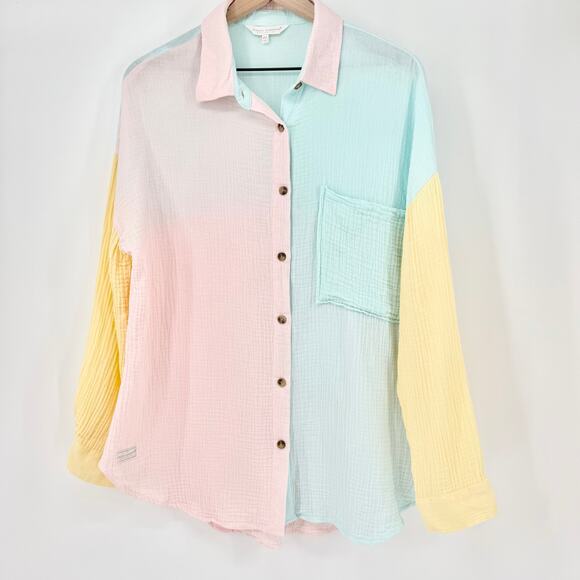 Simply Southern Tops - Simply Southern Pastel Colorblock Button Down Shirt 100% Cotton Size M/L Preppy